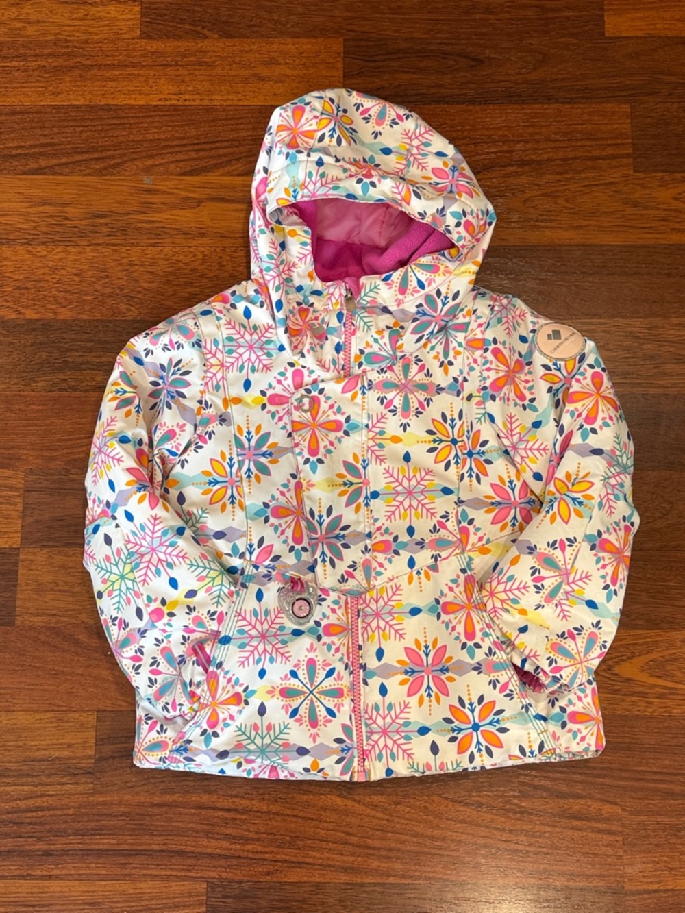 Obermeyer White Floral Snowflake Hooded Puffer with Pink Lining (6 + I-Grow)